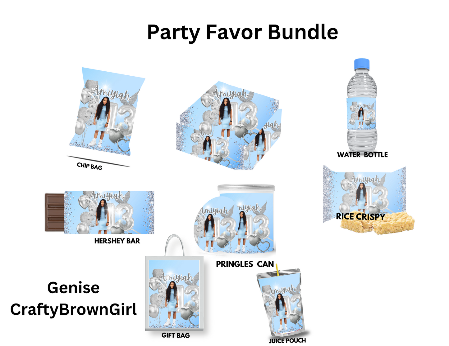“Custom party favor digital bundle with editable templates for personalized decorations, invitations, and more. Available at craftybrowngirl.com.”