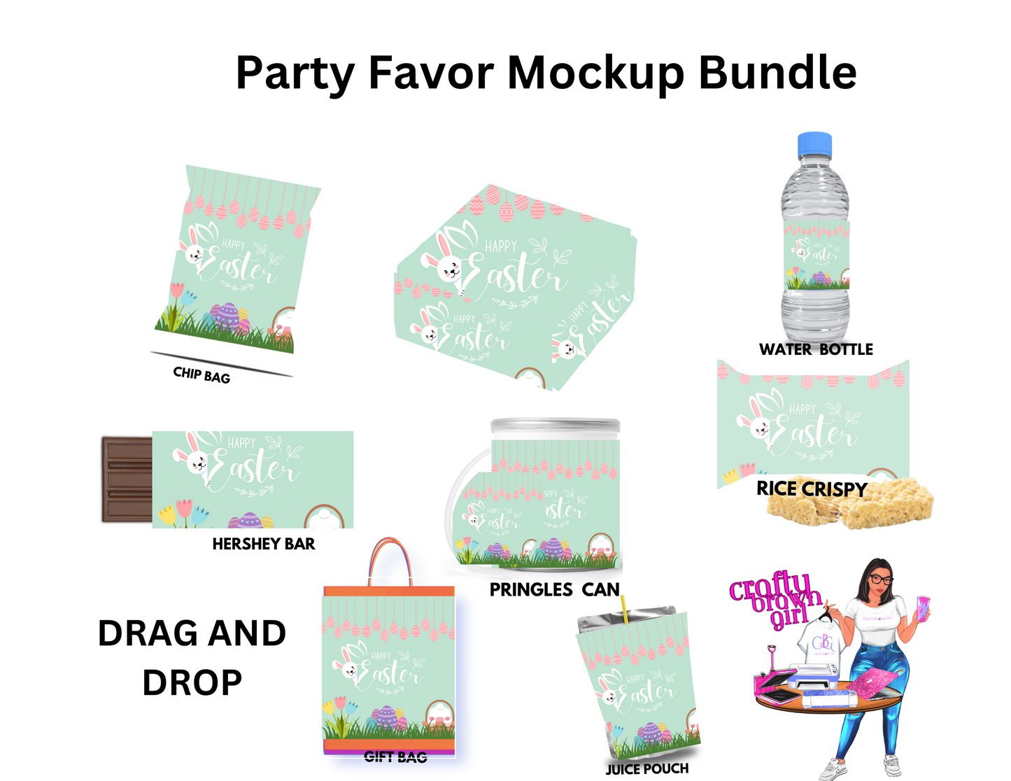 “Easter Party Favor Editable Design with editable templates for personalized decorations, invites, and favors. Perfect for DIY Easter celebrations. Shop now at craftybrowngirl.com.”