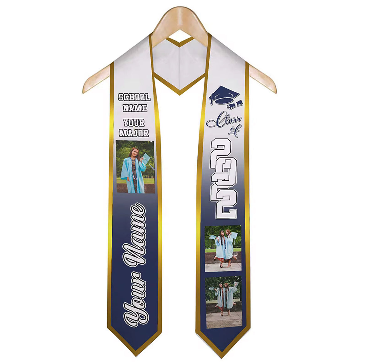 Graduation stole 2025 in white polyester with customizable name and school logo design