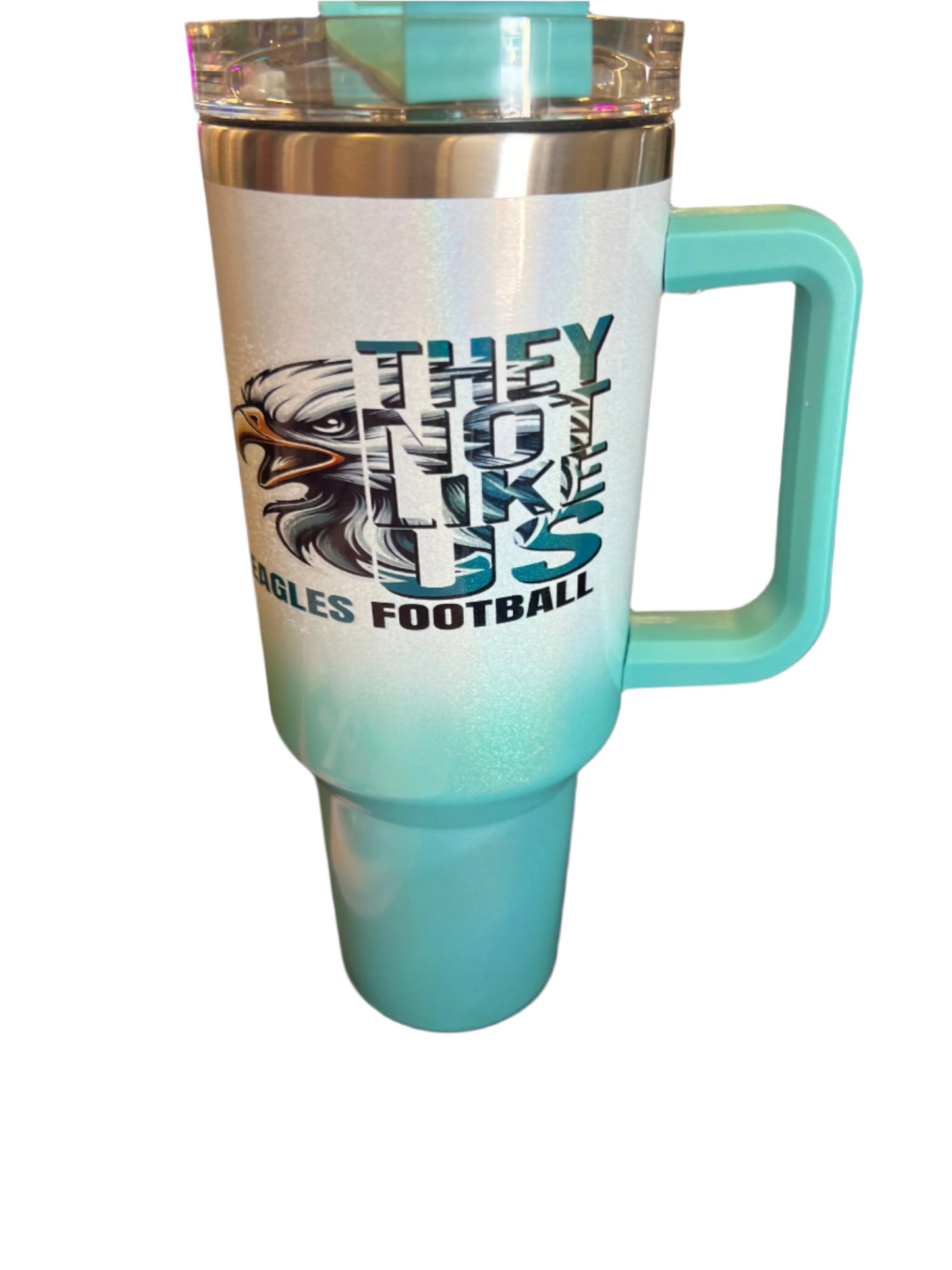 ALT Text: "40oz Green Sports Stanley Cup-inspired tumbler, featuring a durable design with a handle for easy carrying. Perfect for keeping drinks cold or hot, ideal for sports lovers and outdoor activities. Available at craftybrowngirl.com."
