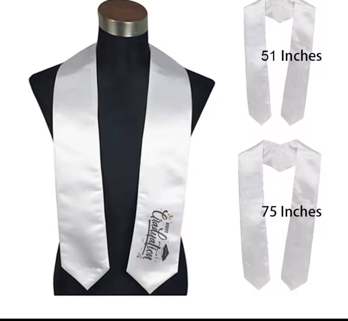 White polyester graduation stole for Class of 2025 with editable text and custom design.