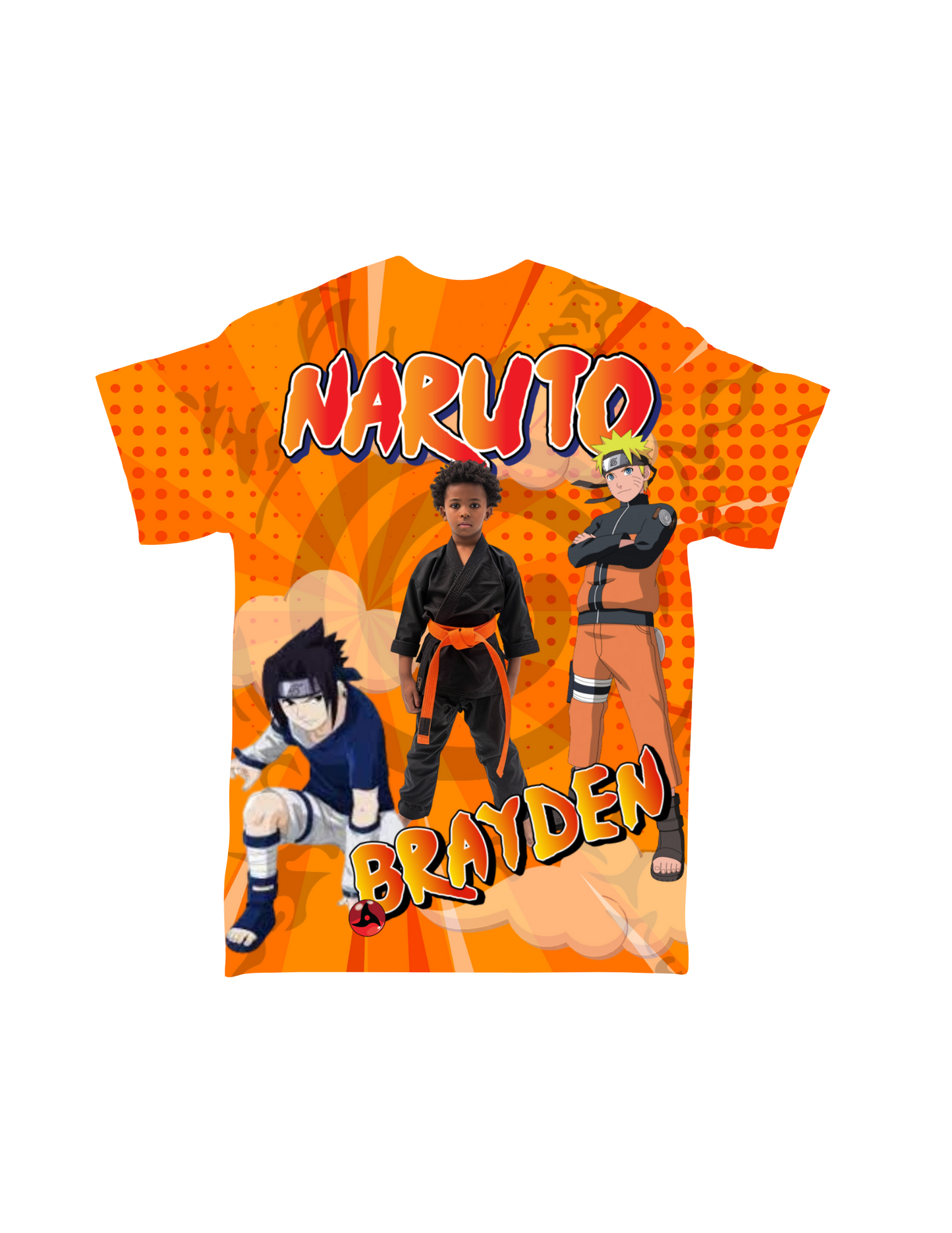 An orange T-shirt from Crafty Brown Girl's Cartoon Character All-Over T-Shirts collection, featuring anime characters and the name "Brayden." "Naruto" is boldly written at the top in stylized letters. The front displays three characters from the anime: one clad in a black outfit, another young boy with orange accents, and an older character dressed in orange and blue—an ideal choice for fans of animation-themed shirts.