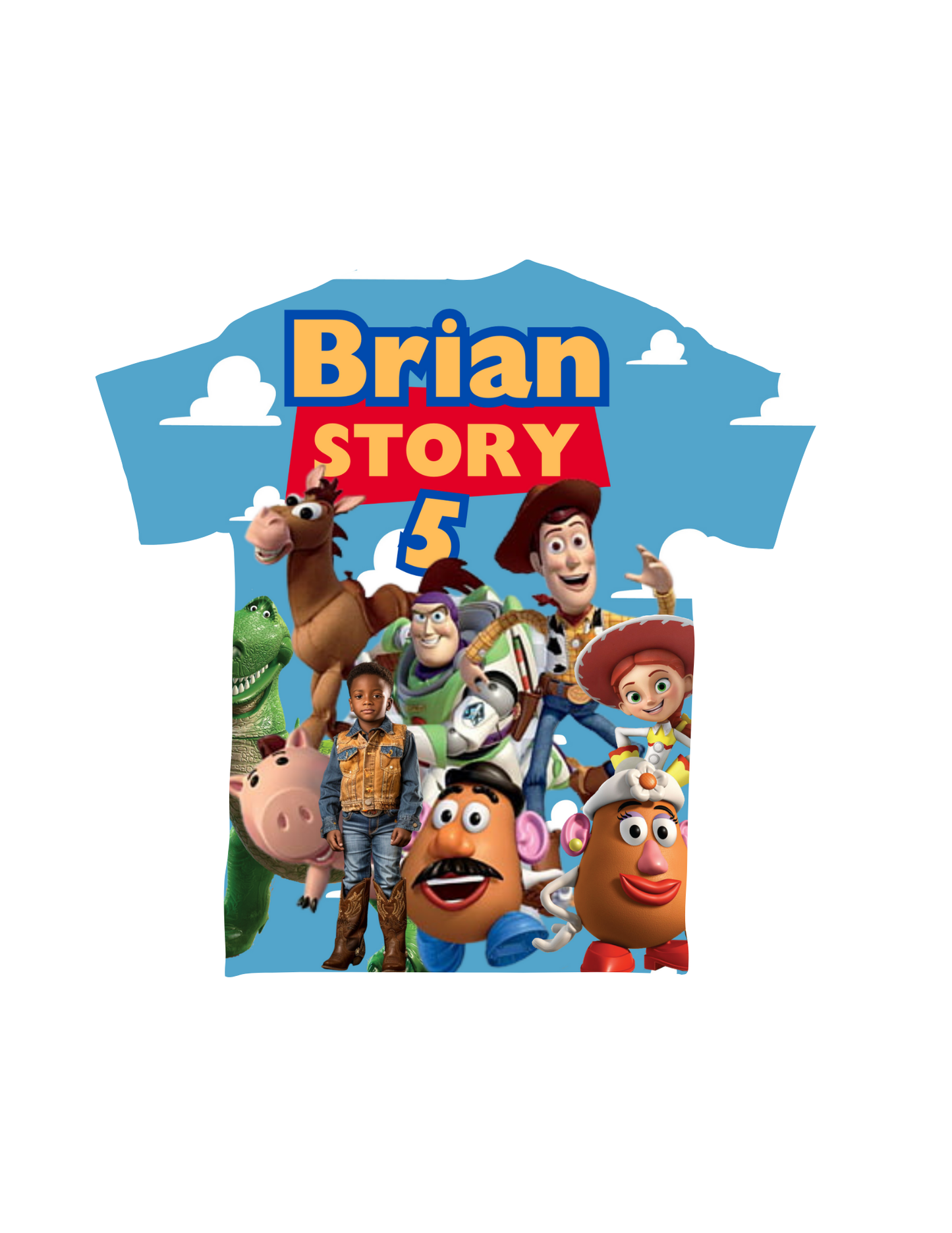 Introducing the Cartoon Character All-Over T-Shirt from Crafty Brown Girl – a custom-designed blue tee featuring beloved characters from the Toy Story franchise. The shirt boasts "Brian STORY 5" text at the top, accompanied by Woody, Buzz Lightyear, Jessie, Rex, Hamm, and Mr. Potato Head against a backdrop of clouds. A perfect choice for fans of animation shirts!
