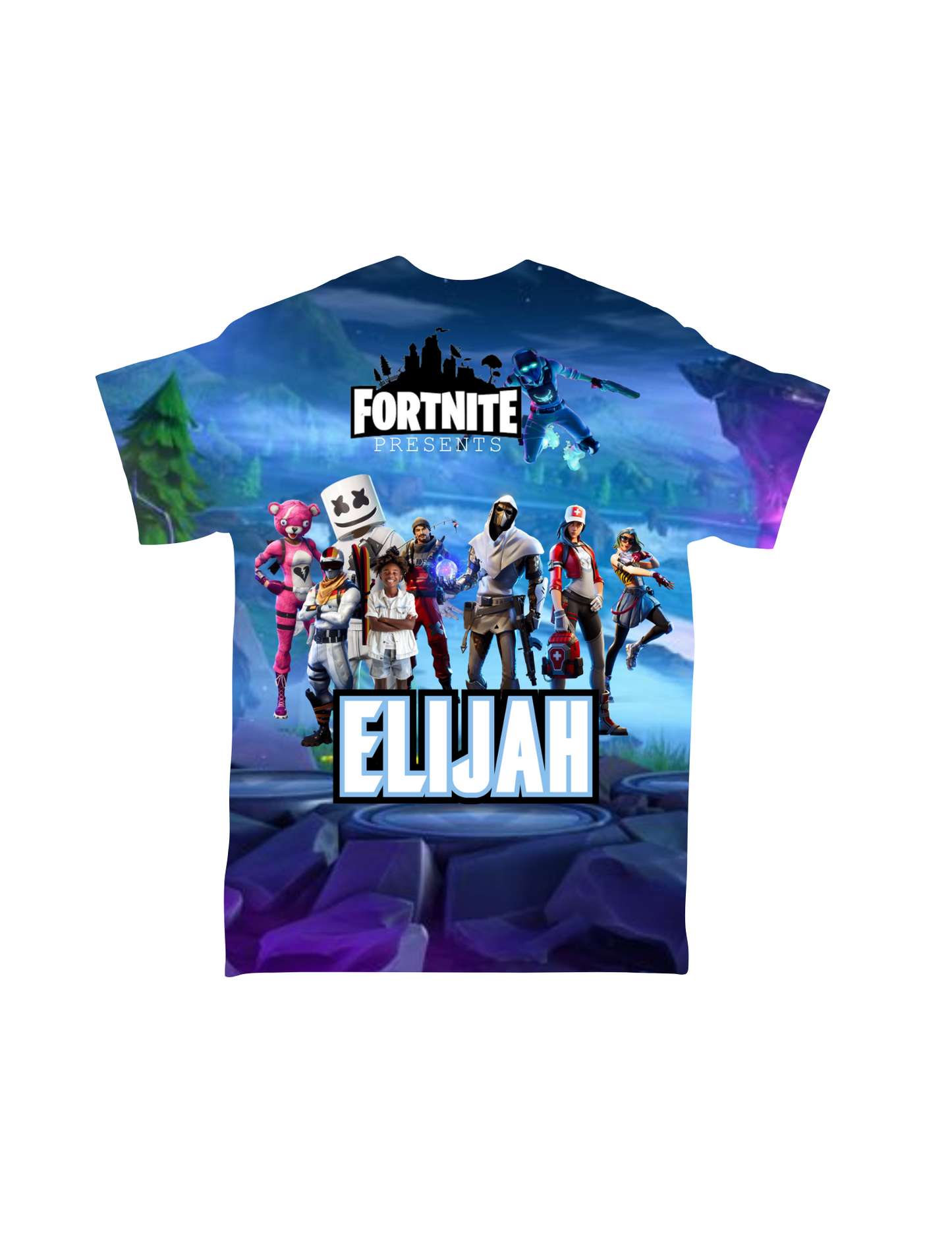 A Crafty Brown Girl Cartoon Character All-Over T-Shirt custom-designed with a "Fortnite Presents" theme, prominently displaying various Fortnite characters. The name "Elijah" is boldly printed at the bottom center, against a vibrant in-game background featuring trees and rocks. Ideal for fans of animation shirts.