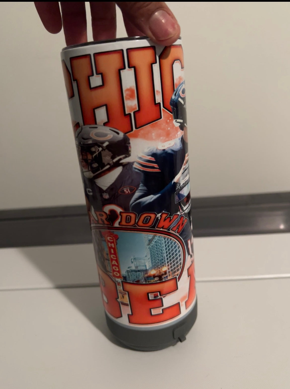 “20oz Chicago Bears Bluetooth Tumbler – Premium tumbler with iconic Bears design and built-in Bluetooth speaker, perfect for fans, tailgating, and game day fun. Order yours today at craftybrowngirl.com.”