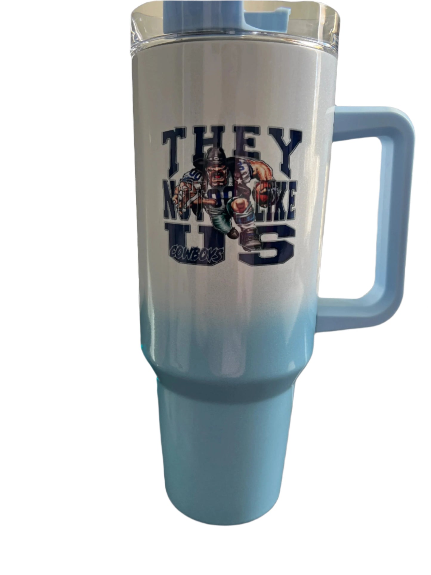 ALT Text: "40oz Light Blue Sports Stanley Cup-style tumbler with handle, designed for both hot and cold drinks. Sleek and durable, perfect for active lifestyles and everyday use. Shop now at craftybrowngirl.com."