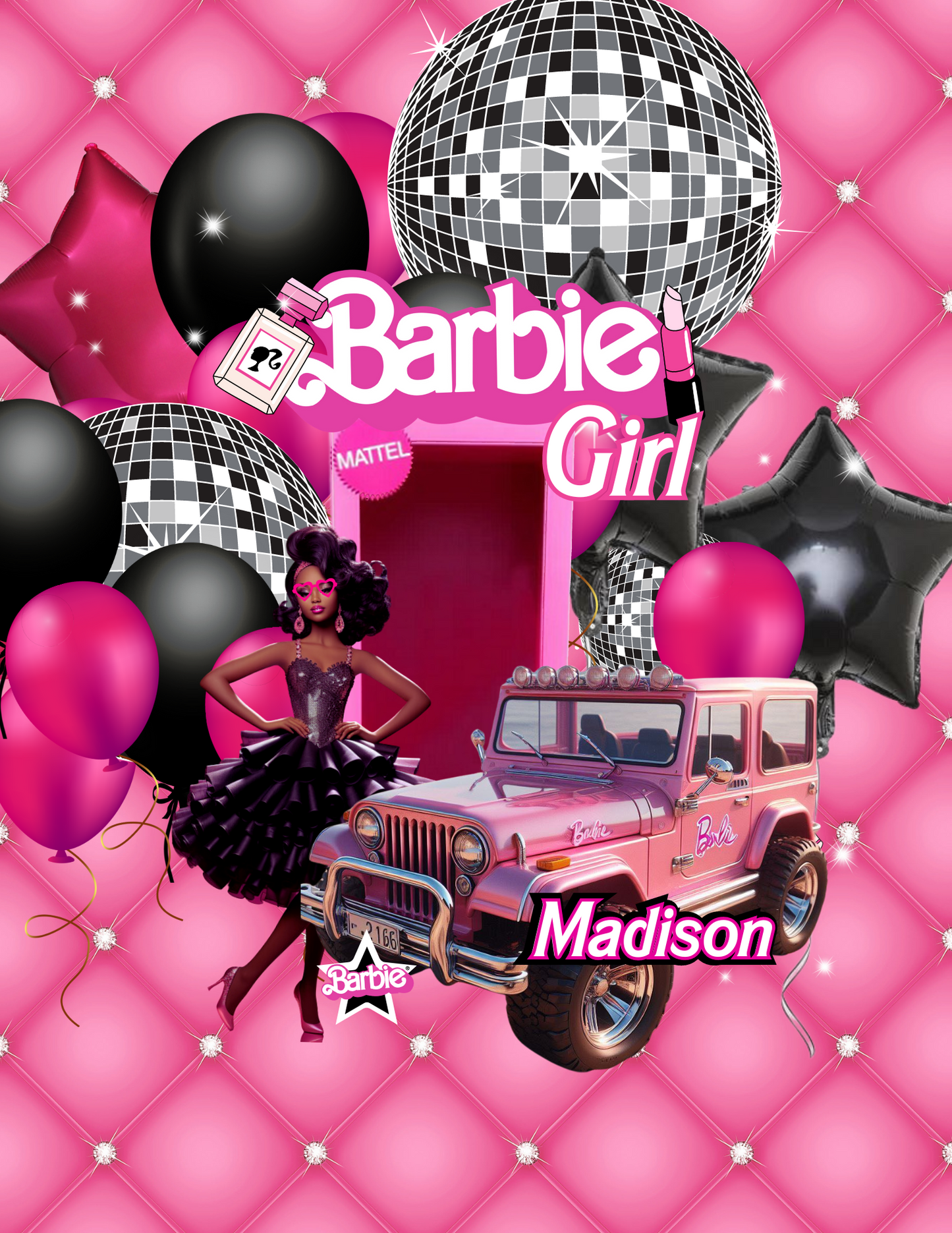 A vibrant Barbie-themed image features a glamorous Barbie doll in a black dress, a pink toy jeep, and various black and pink balloons. The backdrop is a pink quilted pattern adorned with disco balls and text that reads "Barbie Girl" and "Madison." Custom-designed Cartoon Character All-Over T-Shirts from Crafty Brown Girl add to the fun with their catchy cartoon designs.
