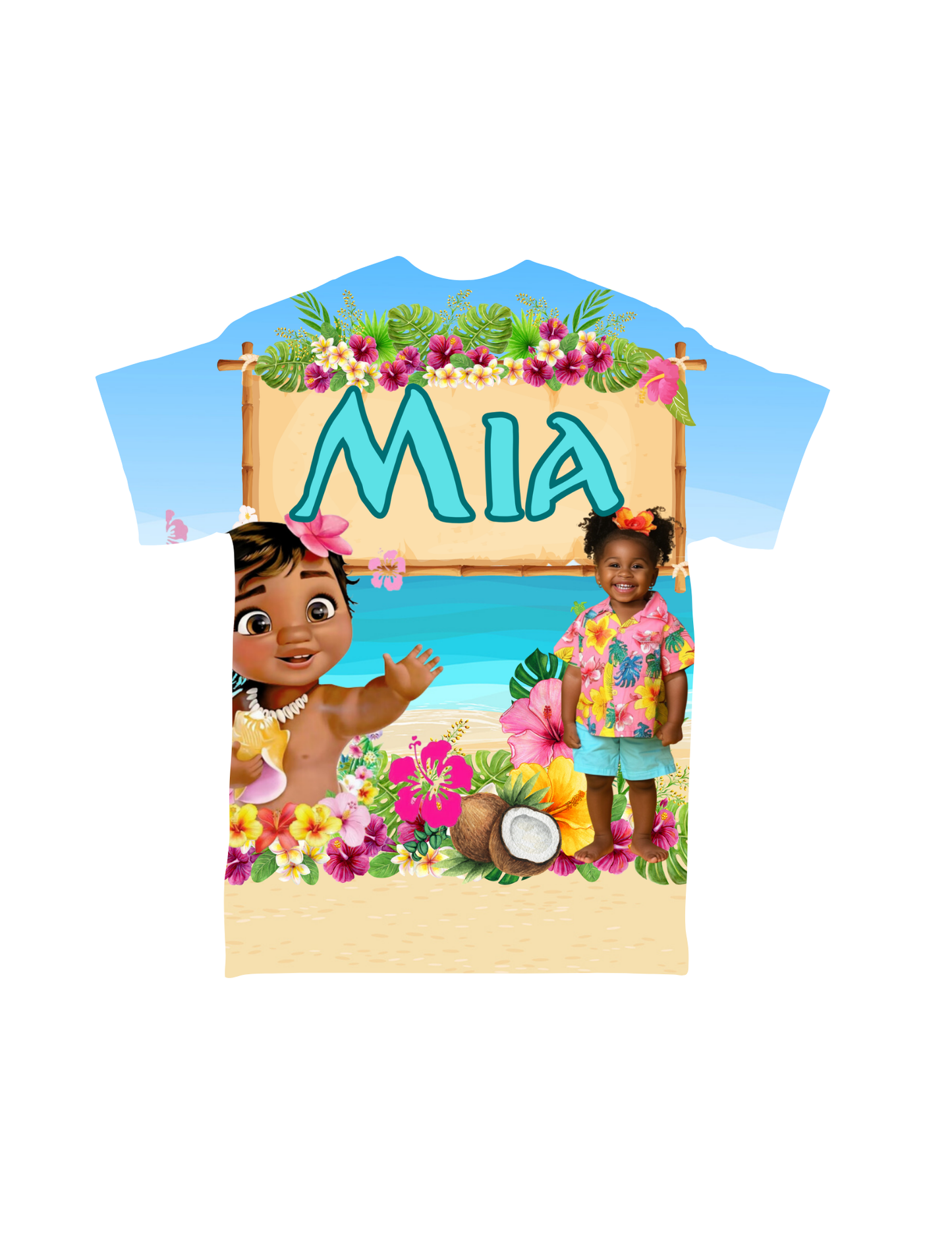 The "Cartoon Character All-Over T-Shirt" by Crafty Brown Girl is a vibrant custom-designed shirt showcasing a tropical beach scene. It features a cartoon character waving, framed by lush tropical flowers and a coconut. The name "Mia" is prominently displayed at the top, alongside a photo of a young girl in a Hawaiian outfit standing beside the character.