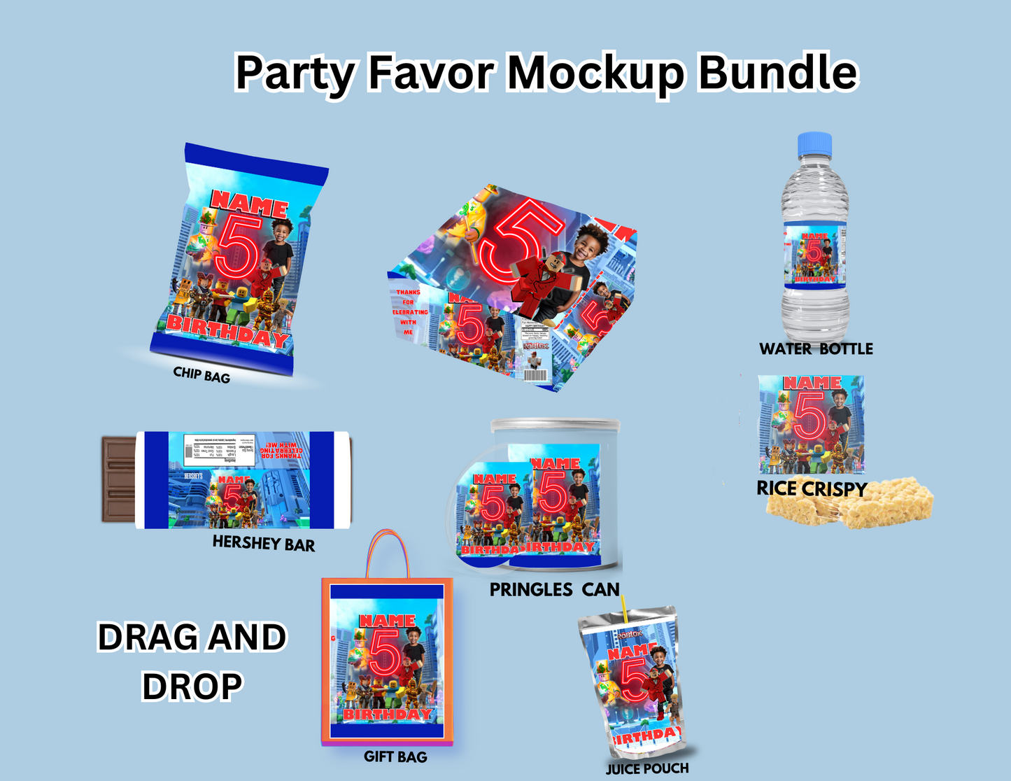 "Roblox editable party favor bundle featuring customizable PNG templates for birthday decorations and Roblox-themed events, perfect for DIY party planning."