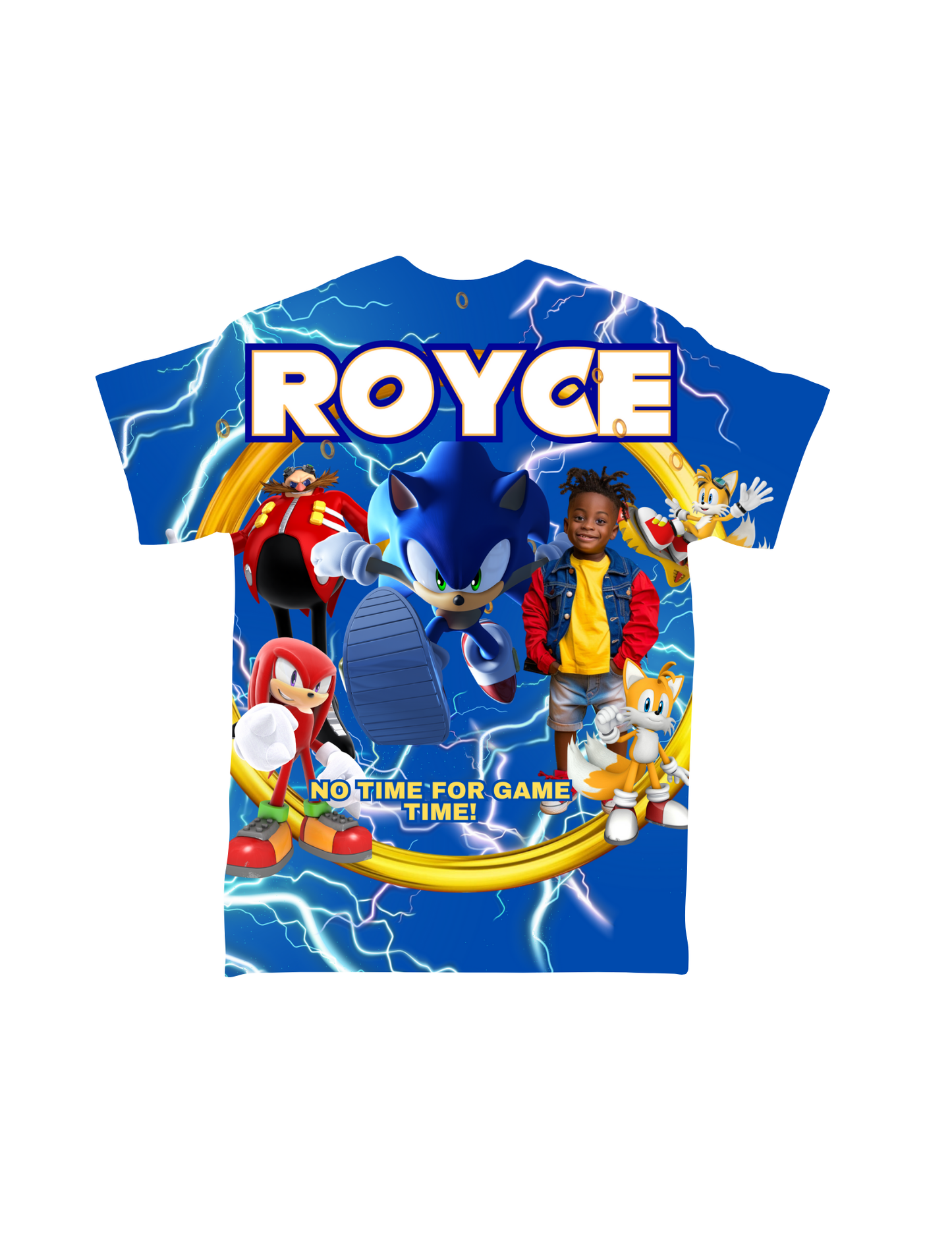 A vibrant blue Cartoon Character All-Over T-Shirt from Crafty Brown Girl features animated characters and a child, with "ROYCE" in bold letters at the top. The text "NO TIME FOR GAME TIME!" is written below the characters, surrounded by lightning bolts and a racetrack in the background—perfect for fans of custom-designed t-shirts.