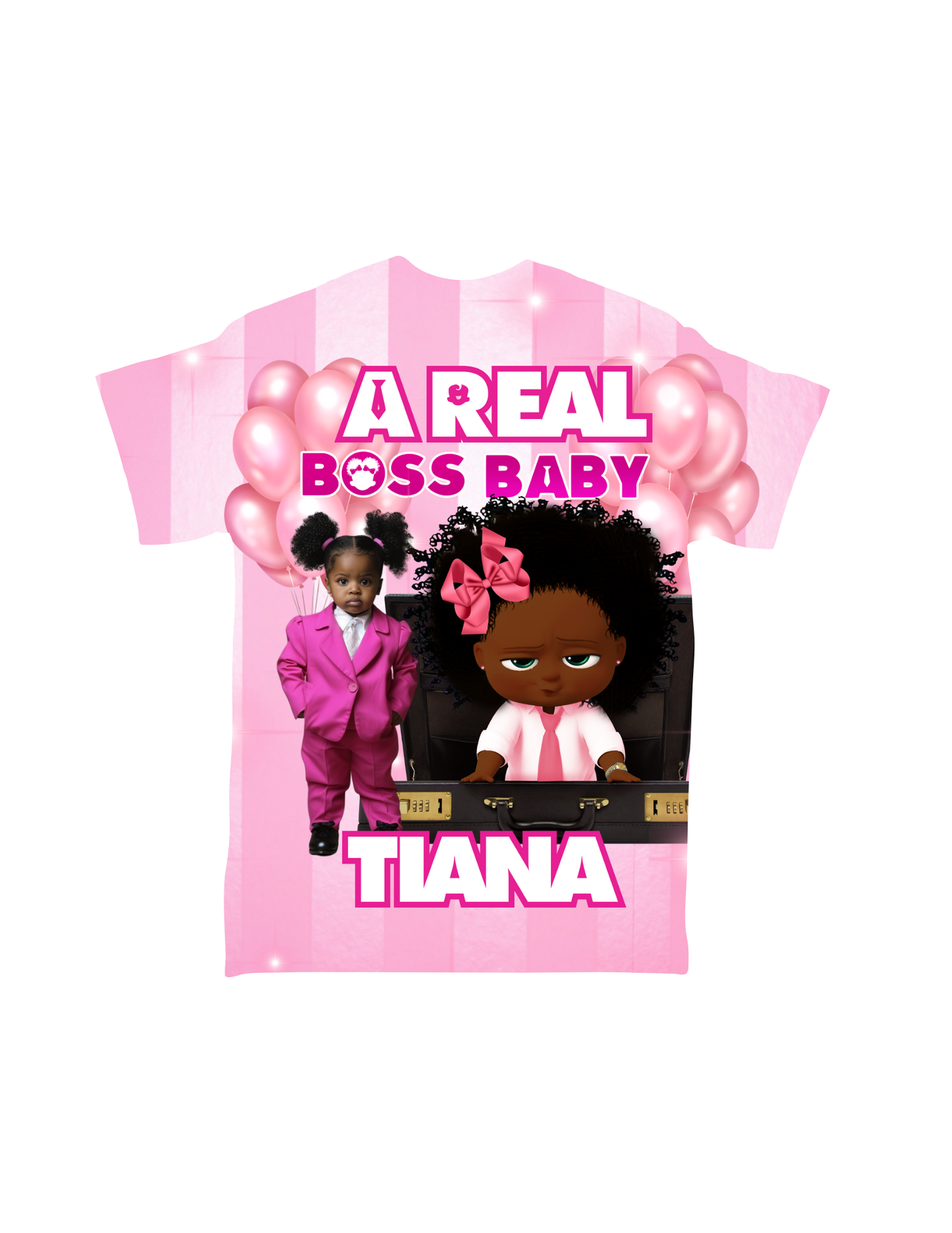 Crafty Brown Girl's Cartoon Character All-Over T-Shirt showcases a pink design featuring a child in a pink suit with the text "A Real Boss Baby" at the top. Below, there's an illustration of a baby in a business suit alongside the name "TIANA". The background is beautifully decorated with pink balloons, making it one of the most charming custom-designed t-shirts.