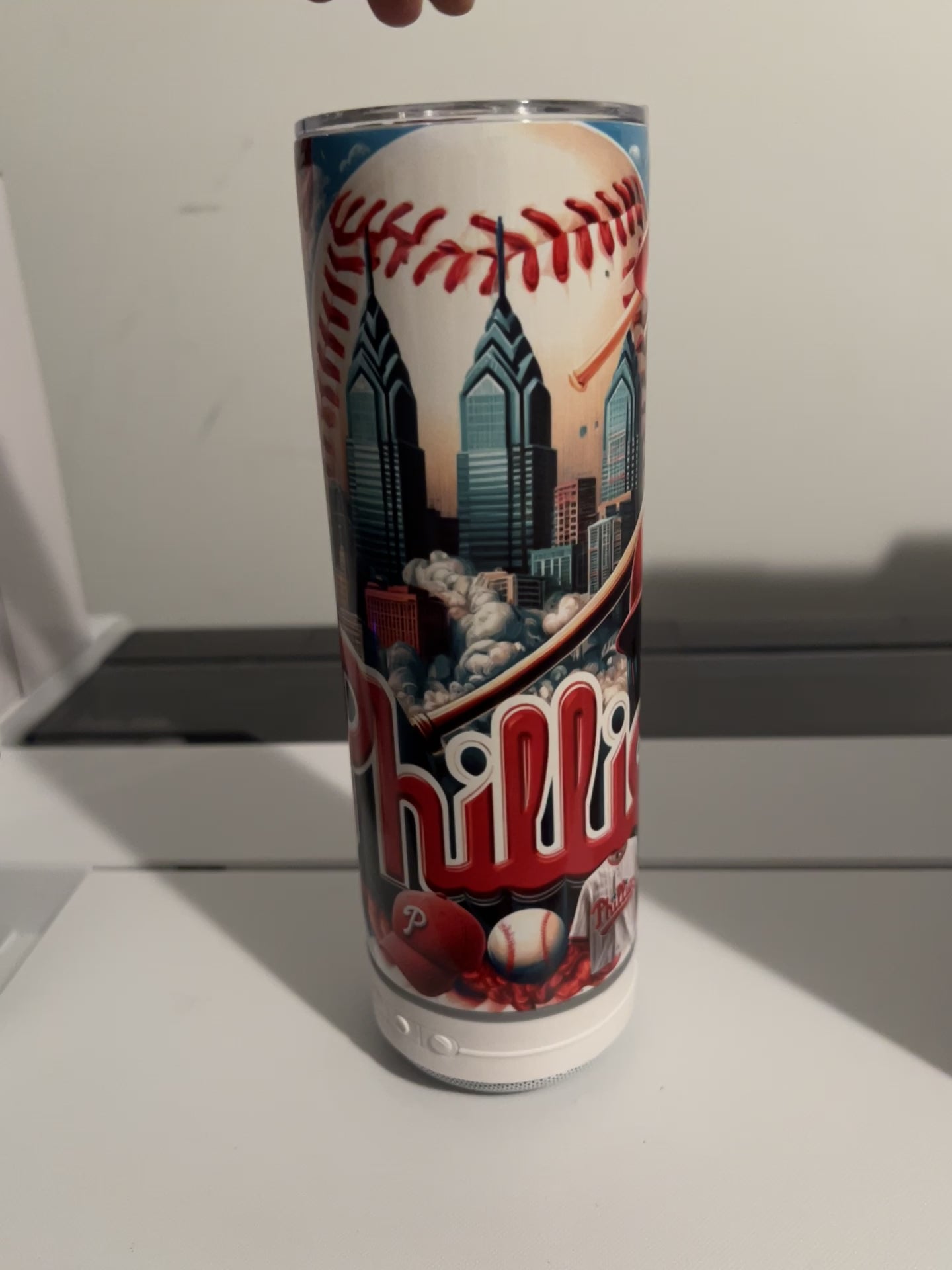 "20oz Bluetooth tumbler blank, perfect for custom sublimation designs. Sleek, double-walled stainless steel tumbler with Bluetooth speaker feature, ideal for personalized gifts and on-the-go convenience. Available now at craftybrowngirl.com."