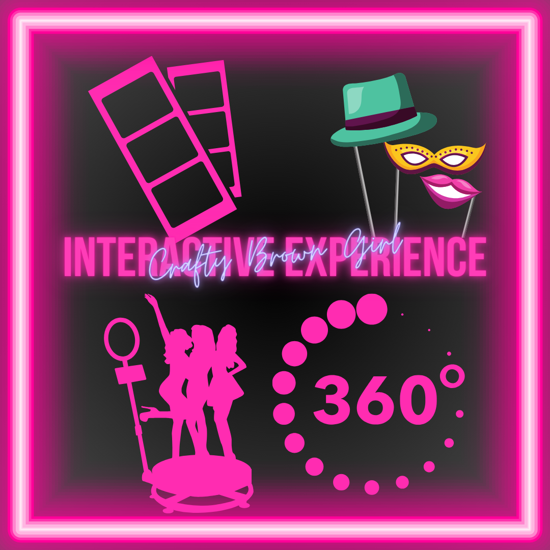 “Interactive Experiences Collection – 360 Photo Booth rental service offering immersive, 360-degree video experiences for unforgettable events; perfect for weddings, parties, and celebrations. Book your experience today at craftybrowngirl.com.”