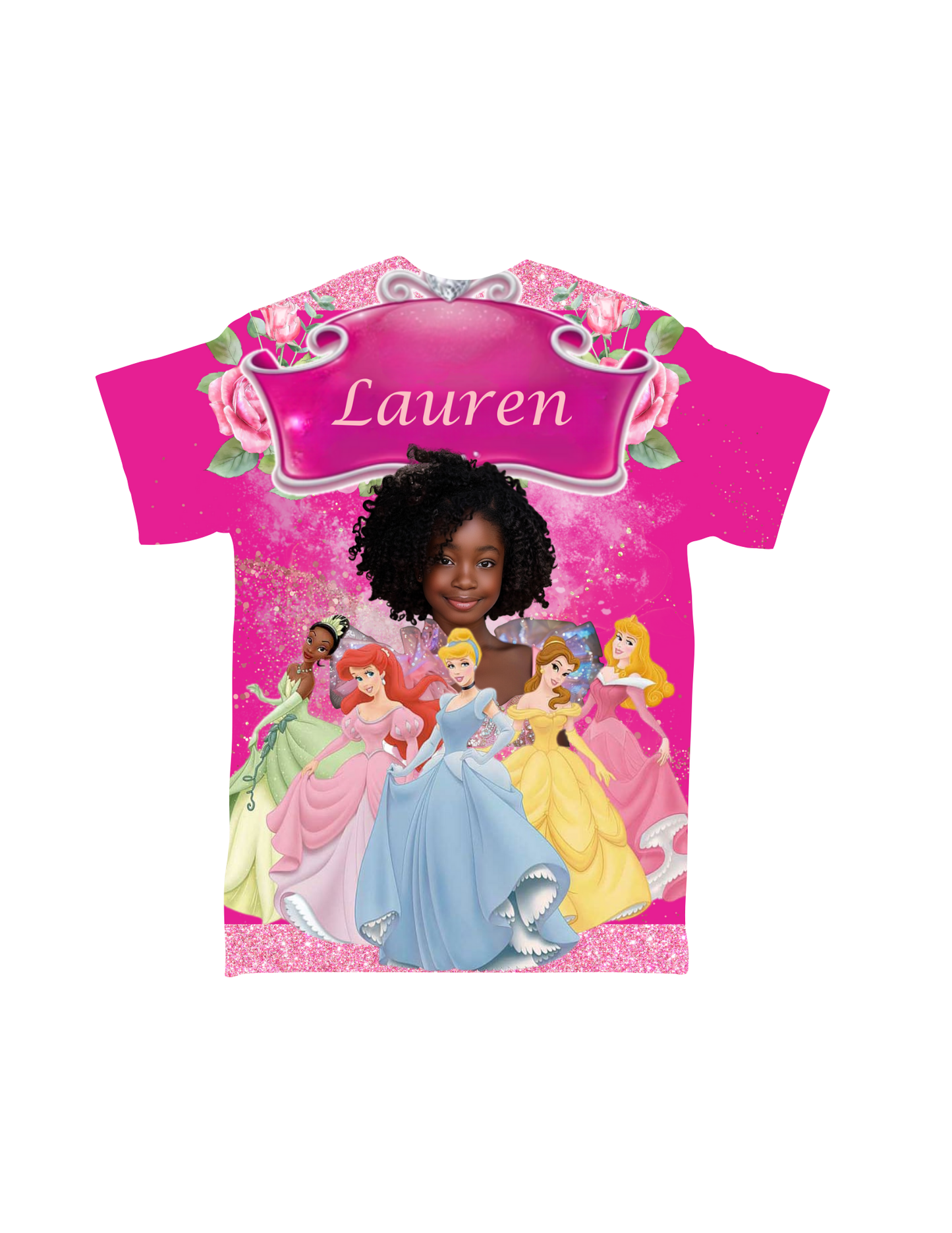 The Cartoon Character All-Over T-Shirt by Crafty Brown Girl showcases a dark-skinned girl with curly hair and a big smile, framed by a banner that reads "Lauren." Surrounding her are illustrations of various princesses in colorful, glittery gowns, all adorned with roses and sparkles on a children's pink t-shirt.