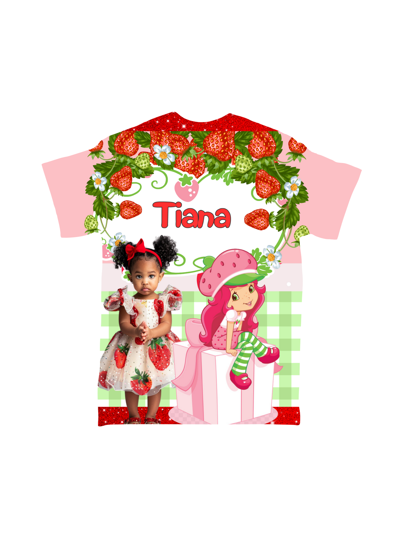 Crafty Brown Girl’s Cartoon Character All-Over T-Shirts showcase a unique design featuring an illustration of a girl wearing a strawberry hat, sitting on a pink gift, surrounded by vibrant strawberries and flowers. Beside the illustration stands a young girl in a strawberry-themed dress. The t-shirt is personalized with the name "Tiana" at the top, adding a special touch.