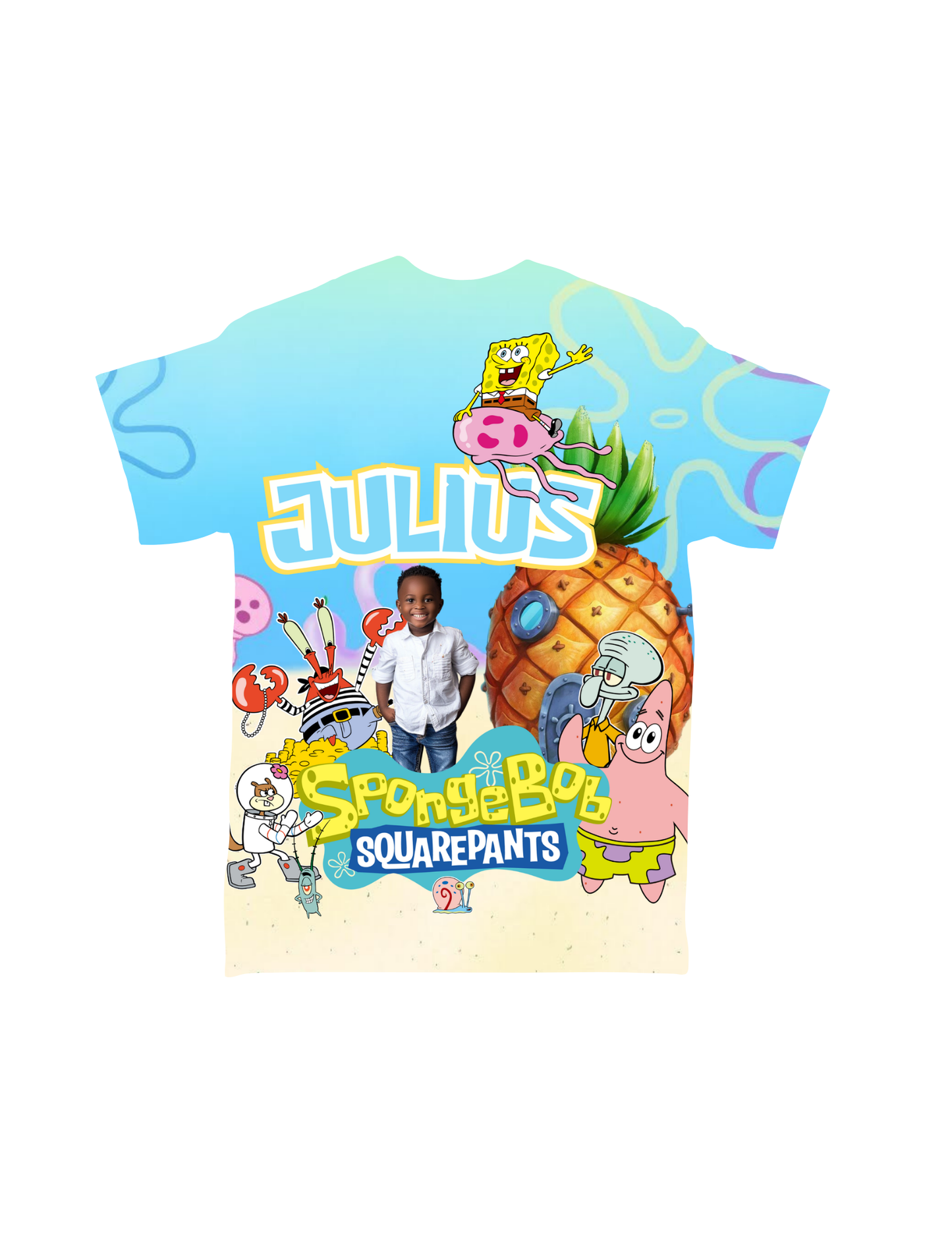 Introducing the Cartoon Character All-Over T-Shirts by Crafty Brown Girl, a brightly colored children’s t-shirt featuring beloved SpongeBob SquarePants characters such as SpongeBob, Patrick, Mr. Krabs, and Squidward. This custom-designed t-shirt also showcases the name "Julius" and includes a photo of a child wearing a white shirt with SpongeBob's iconic pineapple house in the backdrop.