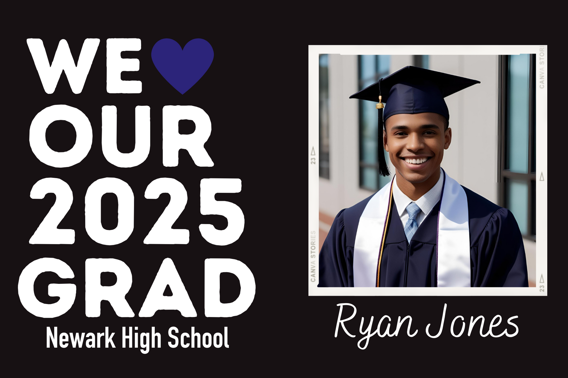 Editable Class of 2025 graduation yard sign template with senior photo and school colors
