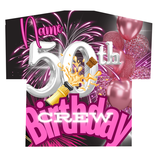 Crafty Brown Girl's ALL OVER BIRTHDAY SHIRT features a festive graphic design to celebrate a 50th birthday. The text "Name 50th Birthday Crew" is prominently displayed amid vibrant pink fireworks, balloons, and a popping champagne bottle, creating a lively and jubilant atmosphere. This shirt also offers customizable options for personalized messages.