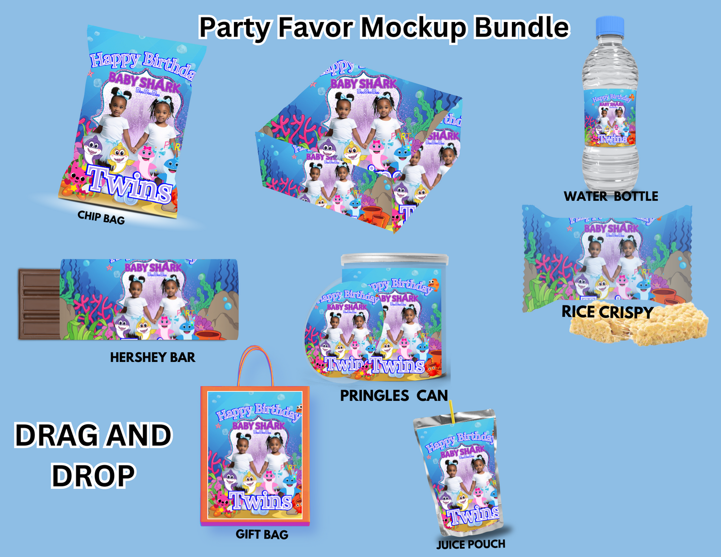 "Editable Baby Shark party favor bundle featuring 7 customizable PNG files for birthday celebrations. Perfect digital