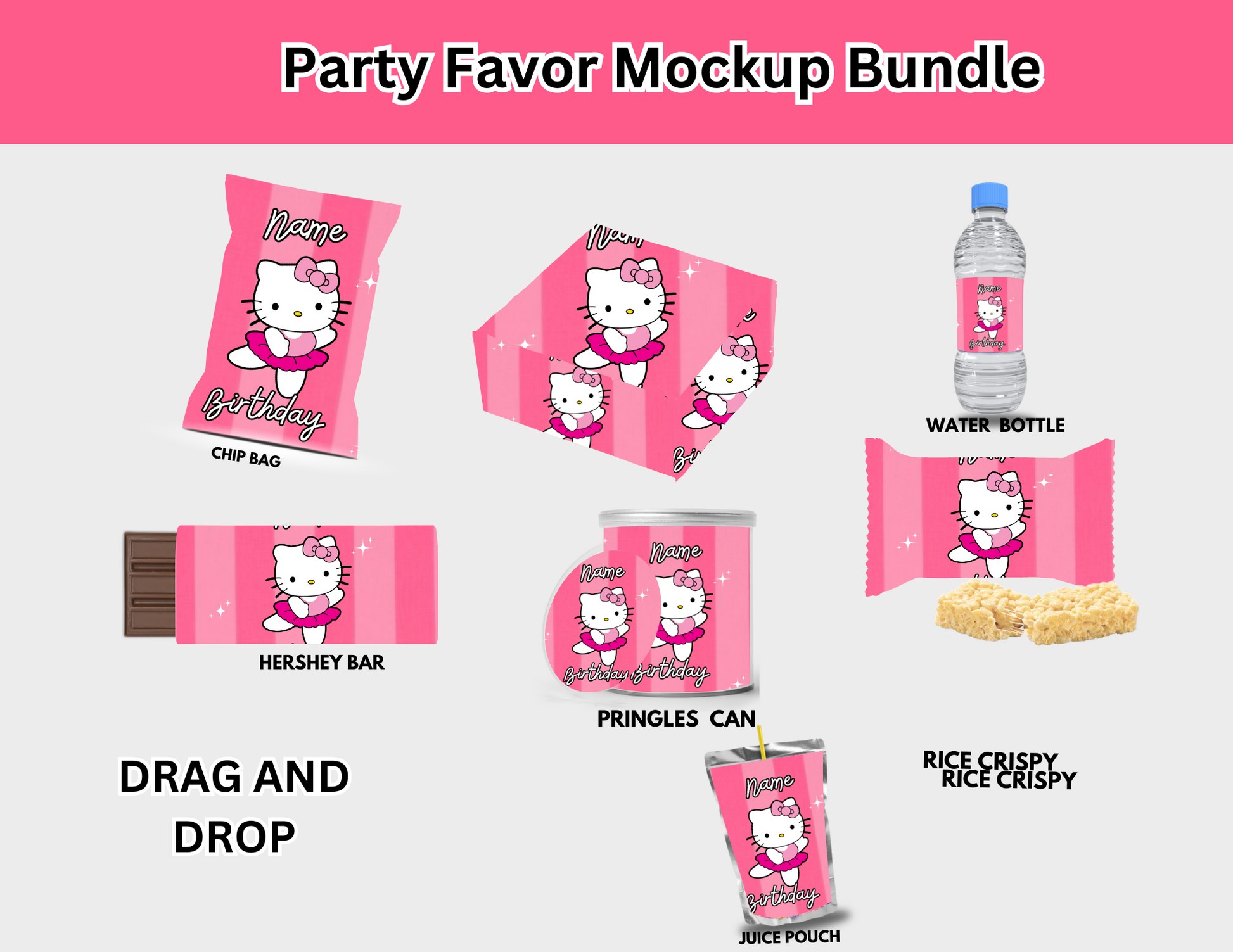 "Editable Hello Kitty party favor templates for personalized birthday decor. Fun digital designs perfect for themed celebrations. Instant download, ideal for DIY party planners."