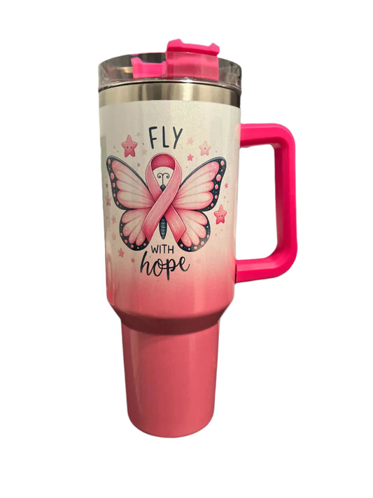 "40oz Cancer Awareness tumbler with butterfly and pink ribbons – Fly with Hope at CraftyBrownGirl.com"