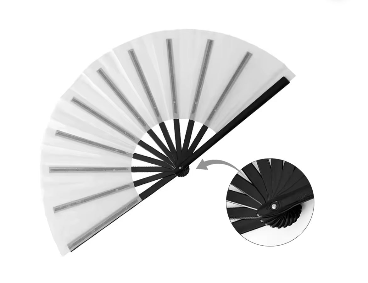 Custom Clack Fan with bold design and bamboo ribs, perfect for performances and events.
