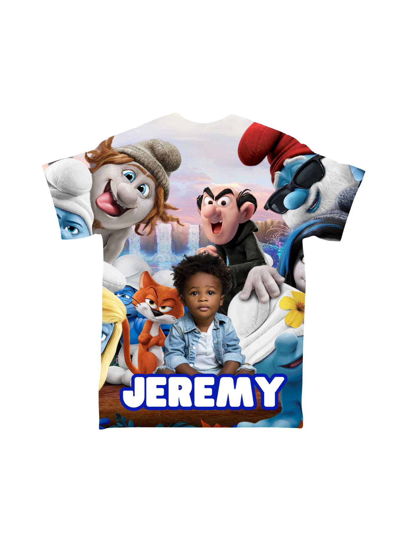 Crafty Brown Girl presents the Cartoon Character All-Over T-Shirt for children, featuring a young child named Jeremy amidst vibrant animated figures including a blue-skinned girl, a red-haired fox, an angry-faced man, and other colorful characters. This custom-designed shirt proudly displays "Jeremy" in large blue letters at the bottom.