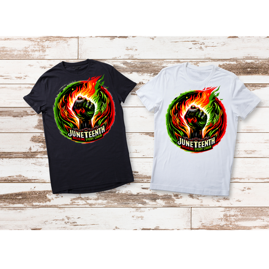 Afrocentric Juneteenth tee with fists and freedom message