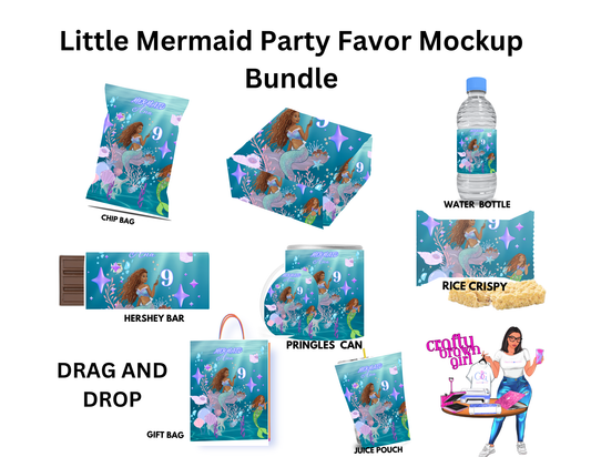 "Editable Little Mermaid party favor bundle for custom printable designs. Perfect for DIY birthday parties and themed events. Download now from CraftyBrownGi