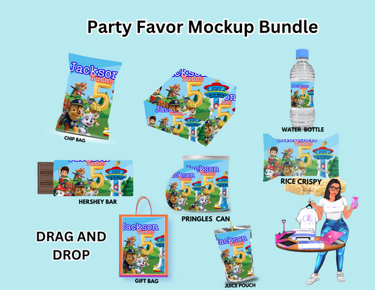 "Editable Paw Patrol party favor templates featuring fun and customizable designs for birthday celebrations. Digital download, perfect for creating personalized party decor and supplies."