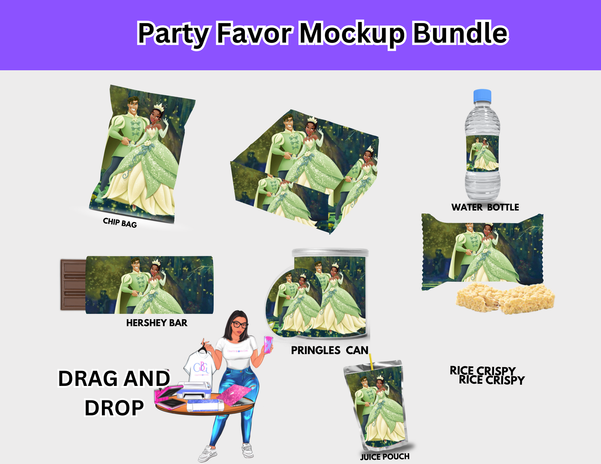 "Princess Tiana editable party favor bundle with customizable PNG files for DIY birthday decorations and celebrations, perfect for Disney-themed events."