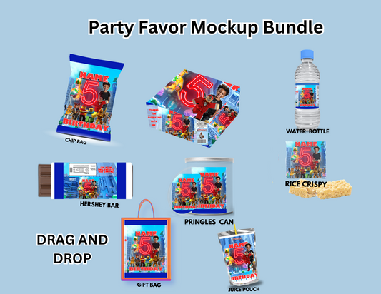 "Roblox editable party favor bundle featuring customizable PNG templates for birthday decorations and Roblox-themed events, perfect for DIY party planning."
