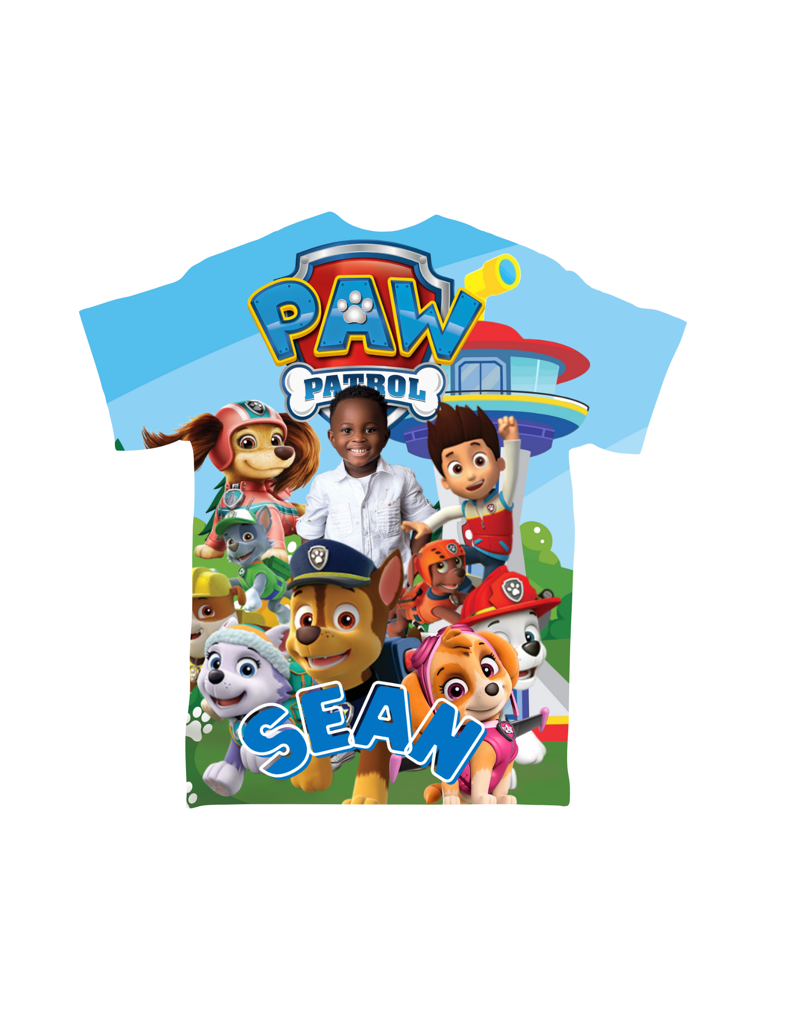 Introducing the Cartoon Character All-Over T-Shirt by Crafty Brown Girl! This vibrant, custom-designed T-shirt features a "PAW Patrol" theme with various characters from the beloved animated series. The shirt proudly showcases the name "Sean" and includes an image of a smiling child in the center, surrounded by Paw Patrol's iconic characters. A perfect choice for fans of animation shirts!